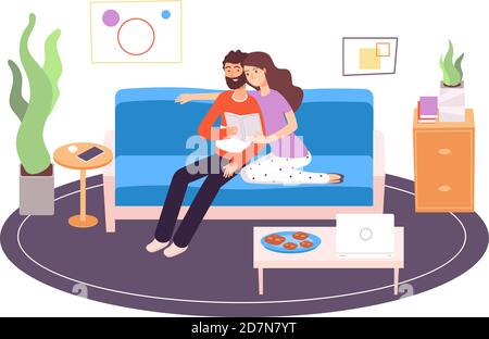 Couple reading. Young happy family reading and resting on couch in living room at home. Holiday relax indoor vector concept. Illustration of woman and man couple, leisure and relaxation Stock Vector