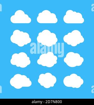 White simple clouds. Thinking bubbles, cloud message shapes. Cumulus isolated on blue background. Cartoon vector set of white cumulus clouds for message thinking illustration Stock Vector