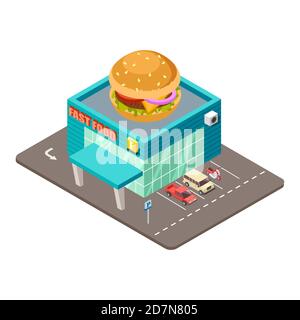 Fast food restaurant. Isometric modern burger house building vector concept. Cafe fast food with burger on roof illustration Stock Vector