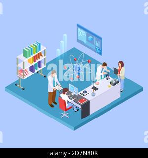 Scientific research laboratory. Isometric chemistry equpment and sciensists, pharmaceutical lab concept. Illustration of pharmaceutical experiment, laboratory isometry with scientists Stock Vector