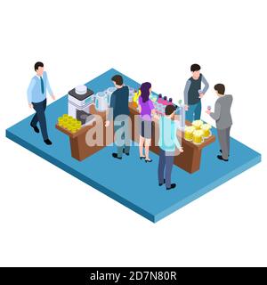 Table with alcoholic and non-alcoholic drinks isometric vector location. Drink on table for party illustration Stock Vector