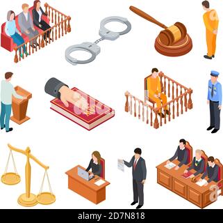 Isometric court of law. Trials defendant witness interrogation jury judge justice accused lawyer criminal legal prisoner vector icons. Illustration of legal justice, judge and lawyer Stock Vector