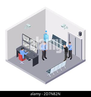 Security room in airport, railway or bus station isometric vector concept. Illustration of security room control, video monitor and guard Stock Vector