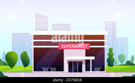 Supermarket street. Hypermarket building front business center shop construction urban store retail supermarket exterior vector image. Big hypermarket building, facade of market shop illustration Stock Vector