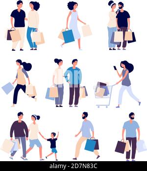 Shopping people set. Man and woman with shopping card buying product in grocery store. Isolated shopper cartoon vector characters set. Illustration of man and woman do shopping Stock Vector