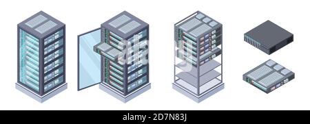 Isometric servers, data storages vector. 3D computer equipment isolated on white background. Storage database, equipment server network, big data safe illustration Stock Vector