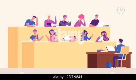 Lecture hall. Students lecturer in lecture room learning young people studying in auditorium. Business coaching seminar vector concept. Illustration of education on lecture, students in college Stock Vector