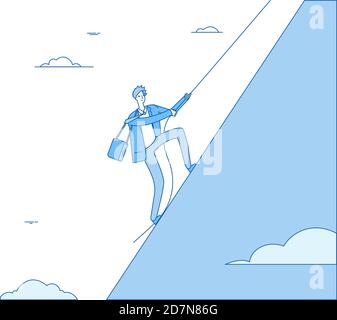 Businessman climbing mountain. Leader with rope climbs on peak. Finance profit, successful man leadership business vector concept. Leader of businessman, climbing up to achievement illustration Stock Vector
