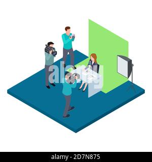 Isometric TV host filmed on chroma key vector illustration. Television camera equipment, video shooting isometric Stock Vector