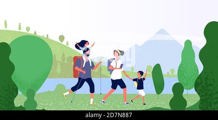 Family hiking nature. Man, woman and kids in outdoor mountain landscape. Holiday summer adventure in camping vector background. Illustration of family people travel, tourism and hiking Stock Vector