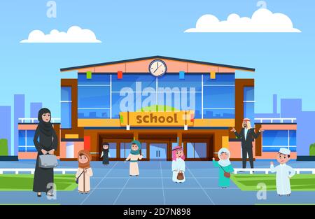 Muslim male and female students vector illustration. Arab children and teachers go to school. Female and male, muslim kids next school Stock Vector