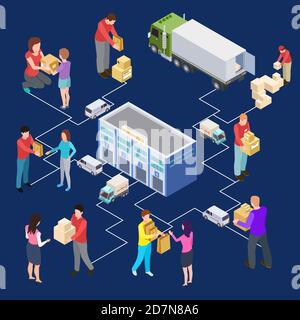 Vector 3d isometric warehouse and delivery concept. Illustration of delivery package and parcel, warehouse express delivering Stock Vector