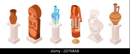 Isometric vector ancient museum exhibits, clothes and totems collection. Illustration of ancient museum sculpture, exposure statue Stock Vector