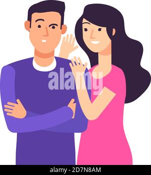 Gossiping. Woman speaking rumor gossip whisper secret to shocked man whispering vector cartoon concept. Illustration of gossip man and woman, secret speak communication Stock Vector