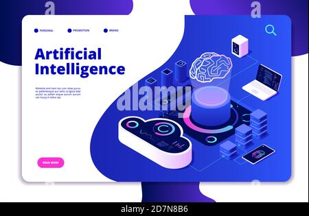 Artificial intelligence landing. Ai smart digital brain networking neural learning intelligent solutions innovations vector concept. Solution innovation mind, technology brain illustration Stock Vector