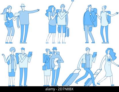 Tourist characters. People with suitcases bags holiday. European travel family in summer vacation travelling couple cartoon vector set. Illustration of woman man couple with luggage Stock Vector