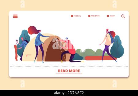 Autumn camping vector landing page. People relaxing in autumn forest web template on white Stock Vector