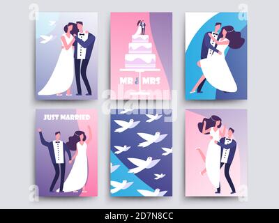Wedding cards with cartoon characters couples, cake, doves vector template. Bride and groom, wedding invitation, happy greeting banner illustration Stock Vector