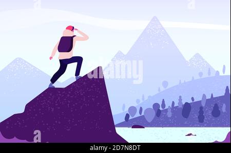 Man in mountain adventure. Climber standing with backpack on rock looks to mountain landscape. Tourism nature journey vector concept. Adventure mountain, mountaineering tourism, trekking illustration Stock Vector