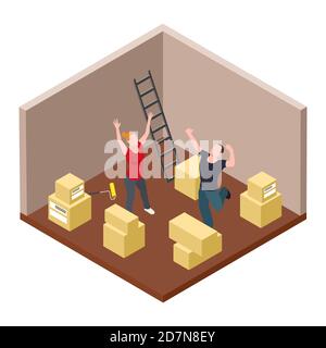 Young couple rejoices moving isometric vector concept. Family apartment moving, 3d box cardboard illustration Stock Vector