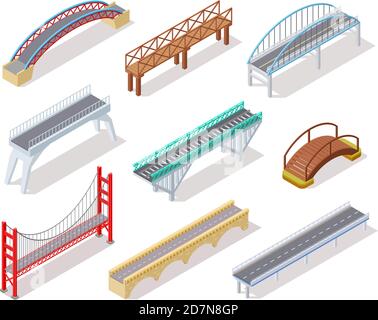 Isometric bridge. Concrete bridges drawbridge river arch bridging city road infographics isolated 3d element. Road crossing isometric drawbridge, construction architecture bridge illustration Stock Vector