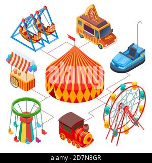 Amusement park and circus isometric vector concept. Illustration of amusement carnival, circus isometric festival Stock Vector