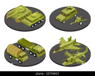 Military vehicles isometric icon set with tanks transport missile systems and artillery headlines vector illustration. Military isometric transport, 3d armored machine Stock Vector