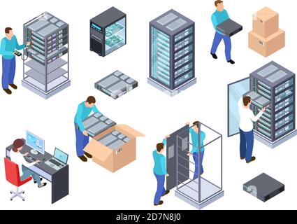Server room isometric. Information technology server engineer, telecommunication cloud servers, computers and employees vector 3d set. Illustration of room server center, hardware cloud database Stock Vector