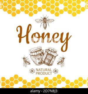 Vintage honey logo and background with vector bee, honey jars and honeycombs. Natural honey food, honeycomb and bee illustration Stock Vector