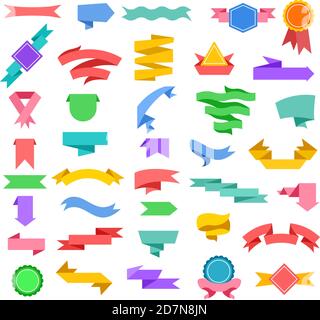 Ribbons banners. Modern sale banner, vintage badge tags, empty flat graphic bow label, premium price retro ribbon, vector stickers. Illustration of ribbon banner, tape scroll bend, badge award origami Stock Vector