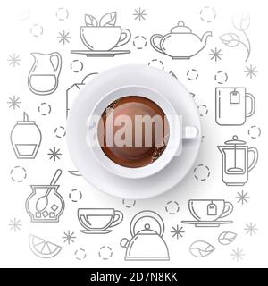 Tea time vector concept with realistic top view cup and outline icons. Illustration of drink mug with black tea Stock Vector