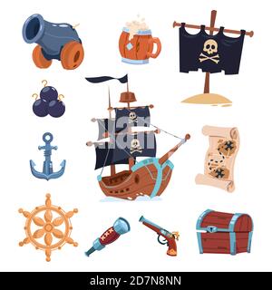 Vector pirate paraphernalia isolated on white background. Pirate boat, skull and ancho illustration Stock Vector