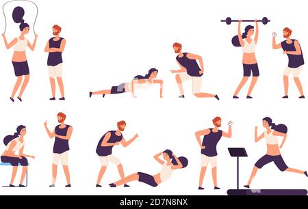 Fitness trainer. Male personal coach helps woman training, fit girl exercising with gym instructor isolated vector set. Illustration of coach training, exercise in gym, fitness sport Stock Vector