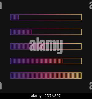 Loading progress bar vector isolated on black background. Progress bar load, download interface, website upload indication illustration Stock Vector