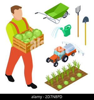 Isometric agricultural farm equipment set of combine tractor cargo ...