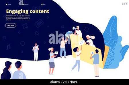 Content marketing. Blog writing, promotional article text creating strategy. Ad copywriter service landing page vector design. Illustration of engaging content video and audio file Stock Vector