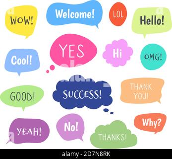 Chat words bubbles. Colorful thinking balloon conversion bubbling chatting comments information cloud comic voice shapes vector set. Message for dialog, bubble cloud speech, discussion illustration Stock Vector