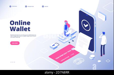 Online wallet. Internet payment money transactions electronic wallets virtual earning mobile phone banking 3d isometric vector concept. Illustration of cash on smartphone, phone banking Stock Vector