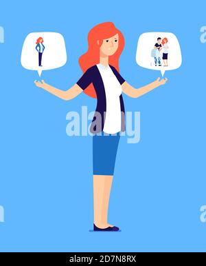 Woman choosing between family and career. Successful female makes responsible choose. Business and parent life balance vector concept. Businesswoman or mother, career or family illustration Stock Vector