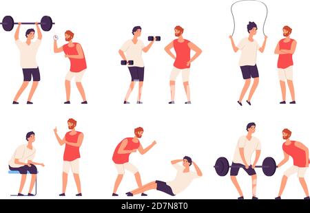 Fitness trainer. Male personal coach helps bodybuilder guy training exercising gym isolated vector set. Coach gym training, trainer fitness instructor illustration Stock Vector