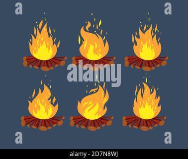 Camp fire animation sprites. Cartoon bonfire animation frames vector set. Illustration of fire animation, flame hot cartoon Stock Vector