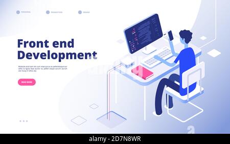 Front end development. Developer programmer person develop computer phone website interface dashboard futuristic landing vector page. Illustration of programmer on computer, developer workplace Stock Vector