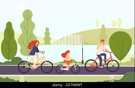 Family riding bikes. Happy parents daughter cycling bicycles together in outdoor park active lifestyle sports family vector concept. Illustration of parents with daughter ride by bicycle together Stock Vector