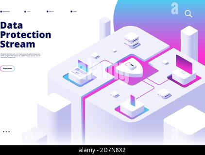 Data protection landing. Phone security password verification money transfer protect secure access safety app isometric vector concept. Security data and shield safety illustration