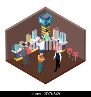 Exhibition of real estate, apartments isometric vector concept. Building 3d architecture isometric, modern model illustration Stock Vector