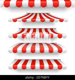 Vector outdoor awnings. Red and white stripes sunshades isolated on white background. Set of awning stripe isolated, roof striped for grocery storefront illustration Stock Vector