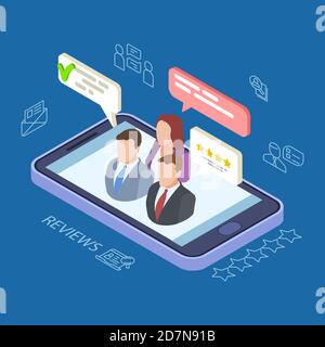 Feedback reviews isometric vector illustration. Online feedback concept with phone, people, speech bubbles. Feedback review online, customer make rating Stock Vector