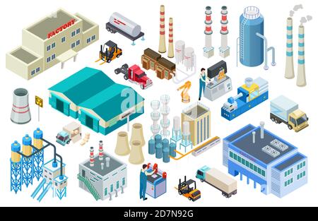 Isometric industrial buildings, workers, delivery trucks, factory and warehouse vector collection. Illustration of isometric industry, building industrial Stock Vector