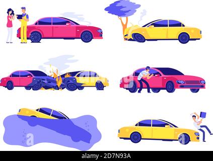 Car insurance accidents. Damaged crash fire flood thief cars accident auto insurance finance security automobile vector infographics. Illustration car accident, insurance service after damage auto Stock Vector