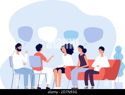 Addiction treatment concept. Group therapy, people counseling with psychologist, persons in psychotherapist sessions. Vector image. Illustration psychologist counseling group patient Stock Vector